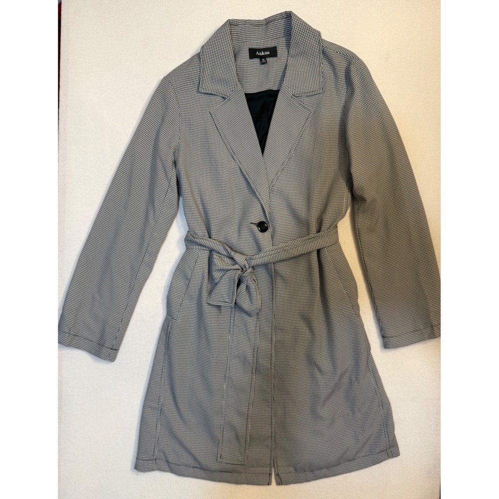 Aakaa Womens Gingham Check Trench Coat Black White Belted Jacket Size M